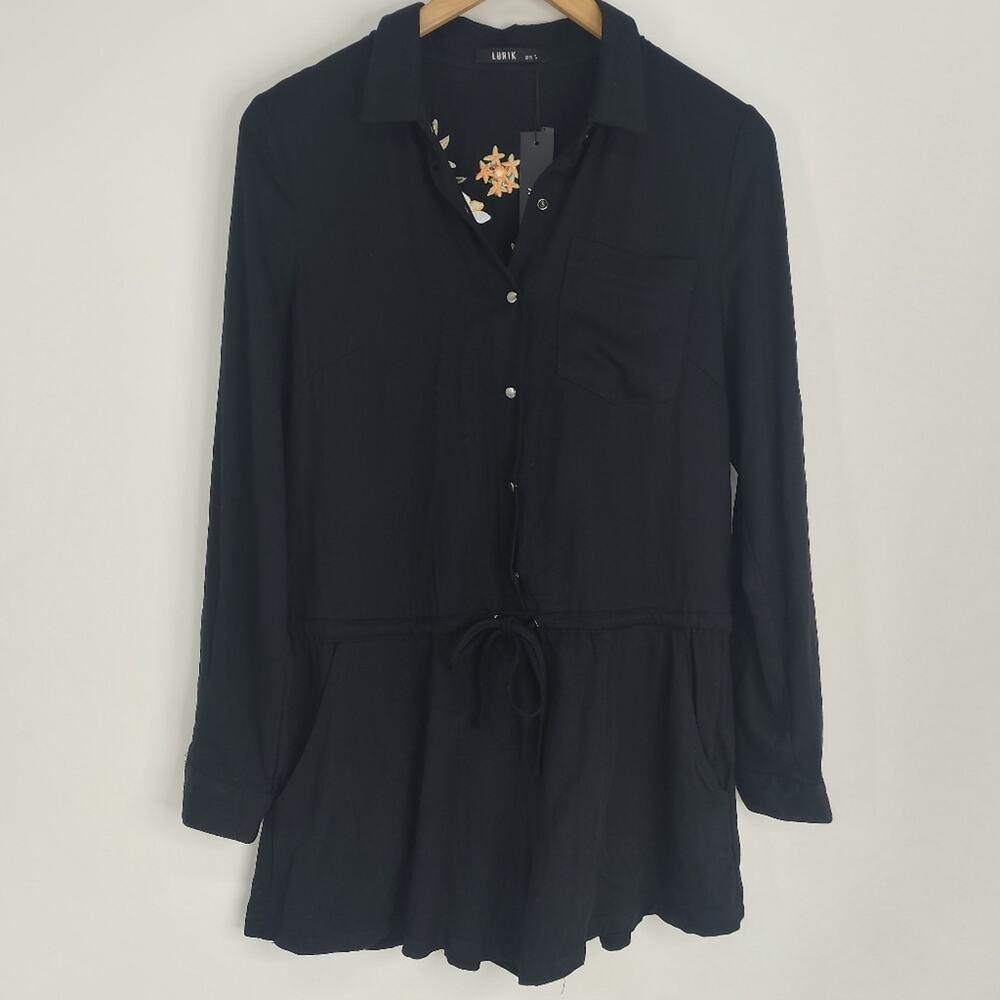 Lunik NEW Black Embroidered Cinched Shorts Romper Size Small